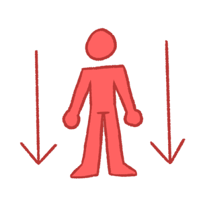 a featureless dark pink person standing with an arrow pointing downwards on either side of them. 